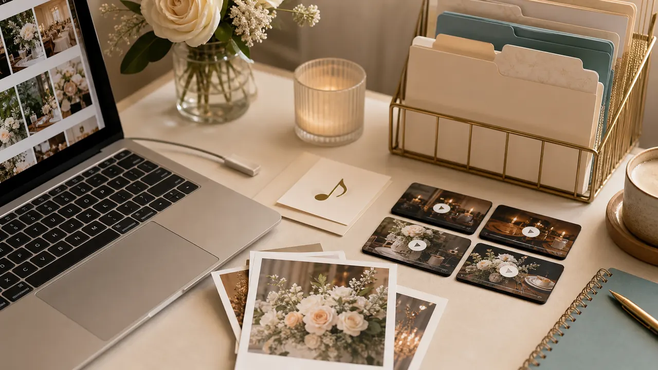 Escritorio con fotografías, archivos y contenido para una invitación digital